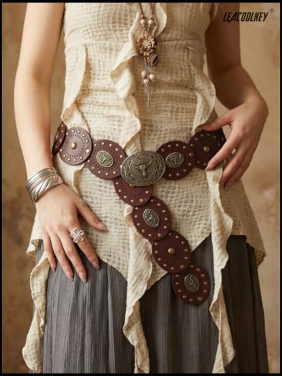 Western Disc Belt Faux Leather Cowboy Concho Belt Adjustable Metal Buckle main image 7